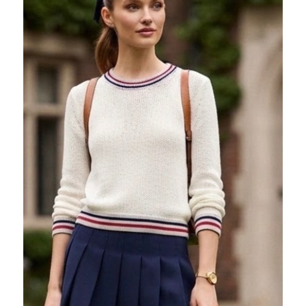 Wooden Ships Paola Buendia Striped Trim Knit Sweater Cream Red Navy XS/S